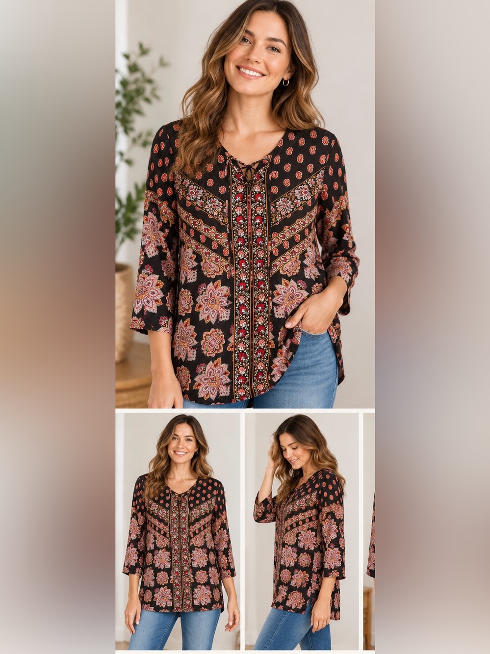Chico's Woman’s Size 0 (4/6) Black Paisley Floral Boho Tie Neck Tunic Top Blouse